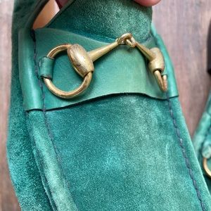 Vintage Gucci. Green Suede Horsebit Loafers